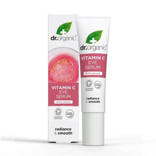 Sérum de olhos com goiaba bio e vitamina C, em tubo branco de 15 ml com caixa branca e rosa, apresentado de frente.