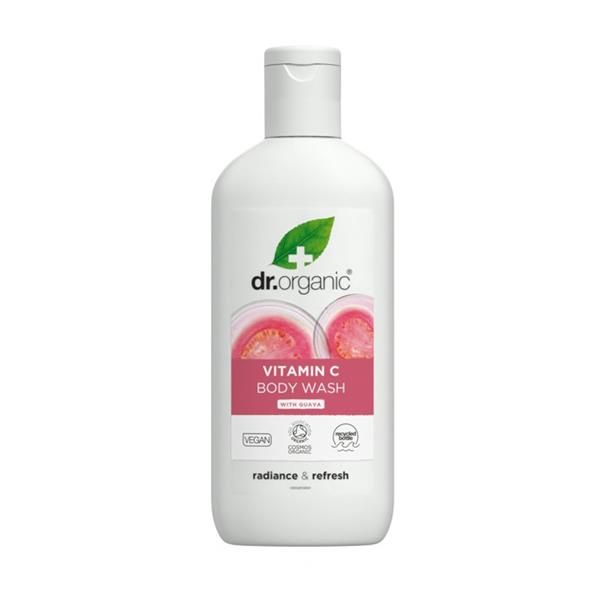 Frasco de 250 ml de gel de duche de goiaba biológica, em embalagem rosa translúcida com tampa de encaixe e rótulo frontal.