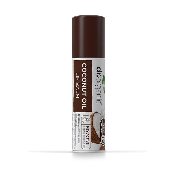 Bálsamo labial Dr. Organic Virgin Coconut Oil em stick branco de 5,7 ml, com tampa castanha escura, ilustração de coco e indicação FPS 15.