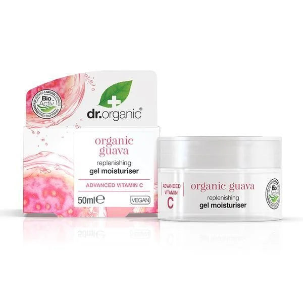 Gel-creme hidratante bio de goiaba com vitamina C, Dr. Organic, em boião branco de 50 ml com caixa exterior branca e rosa.