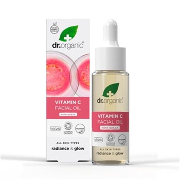 Goiaba Bio Sérum Facial com Vitamina C Dr. Organic 30 ml, frasco doseador transparente com sérum amarelo-claro e caixa branca e rosa.