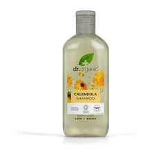 Frasco branco de Champô Calêndula Bio Dr. Organic, sem fragrância, com tampa transparente e rótulo verde com flores de calêndula, 265 ml.