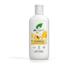 Frasco branco de Amaciador Calêndula Bio Dr. Organic, 265 ml, com tampa transparente e rótulo verde com flores de calêndula.