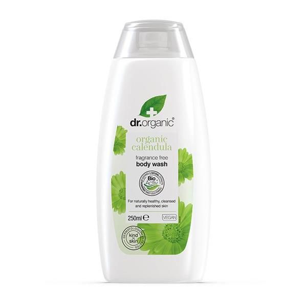 Frasco branco de 250 ml de Gel Duche Calêndula Bio Dr. Organic, com tampa transparente e rótulo verde.