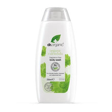 Frasco branco de 250 ml de Gel Duche Calêndula Bio Dr. Organic, com tampa transparente e rótulo verde.
