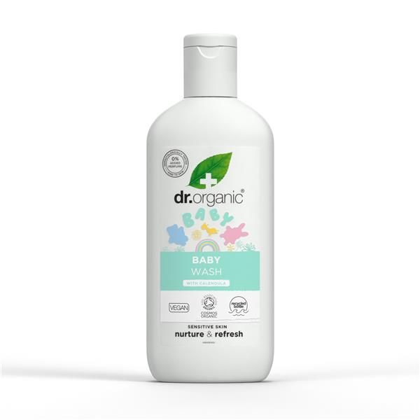 Frasco branco de 250 ml de gel de banho corpo e cabelo para bebé com calêndula, tampa transparente e rótulo com ilustrações coloridas.