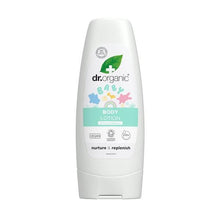 Loção Corporal Baby Calêndula Bio Dr. Organic 200 ml em bisnaga branca com tampa transparente, ilustrações coloridas e motivo de calêndula.