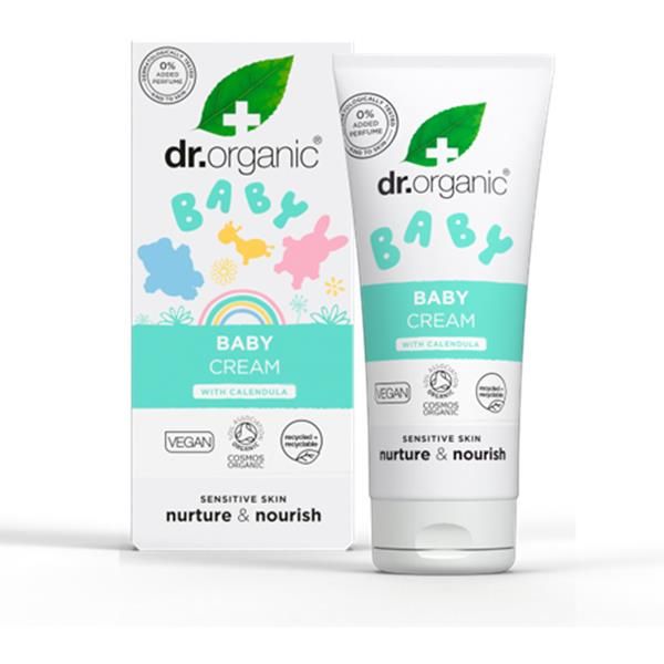 Creme hidratante de calêndula bio para bebé, 50 ml, apresentado em bisnaga branca e caixa de cartão branca com motivos florais coloridos.