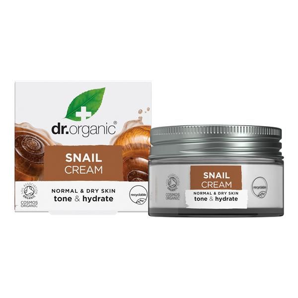 Creme Baba Caracol Bio Dr. Organic 50 ml em boião branco com tampa aberta, apresentado junto da embalagem branca e laranja.