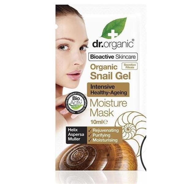 Máscara Facial Baba de Caracol Bio Dr. Organic, embalagem individual branca de 10 ml com imagem de rosto feminino e caracol.