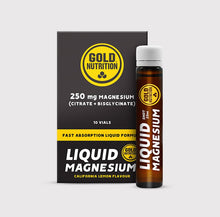 Liquid Magnesium GoldNutrition 250 mg – caixa com 10 vials sabor limão, fórmula líquida de magnésio citrato e bisglicinato para prevenir cãibras e fadiga.