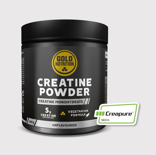 Creatine Powder GoldNutrition 280 g – creatina monoidrato Creapure® pura em pó solúvel, fórmula vegetariana para aumento de força e potência muscular.