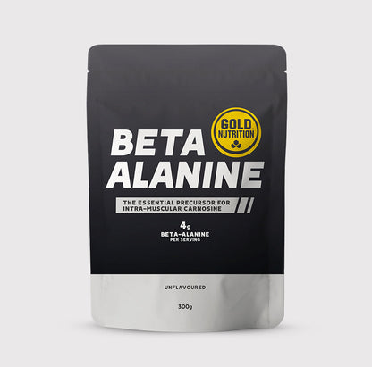 Saco preto e prateado de Beta-Alanine GoldNutrition, suplemento em pó sem sabor de 300 g.
