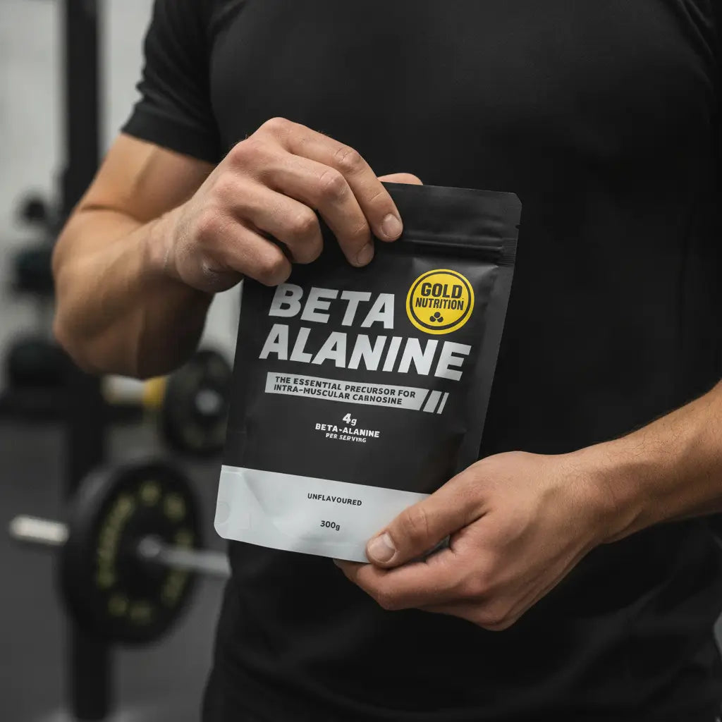 Saco preto e prateado de Beta-Alanine GoldNutrition, suplemento em pó sem sabor de 300 g.