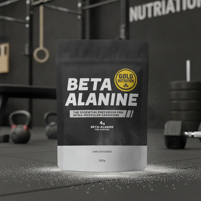 Saco preto e prateado de Beta-Alanine GoldNutrition, suplemento em pó sem sabor de 300 g.