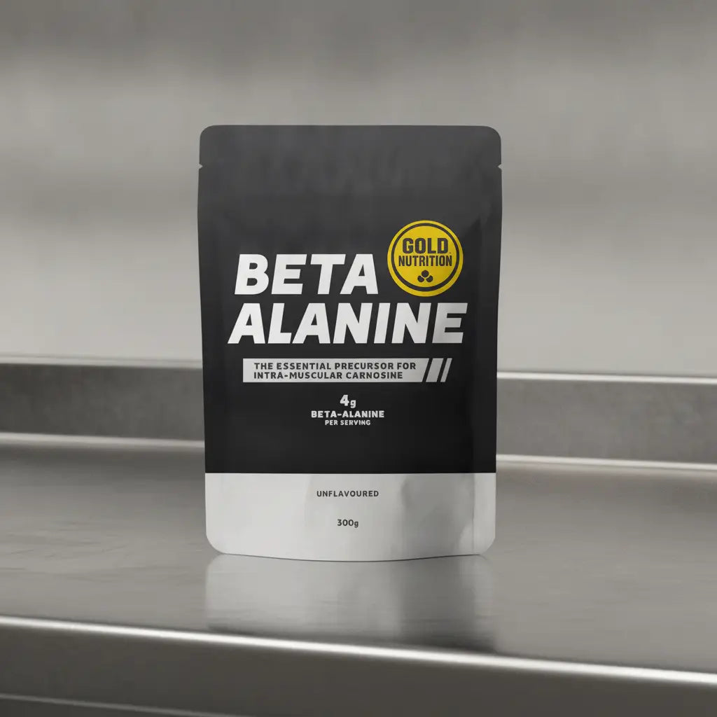 Saco preto e prateado de Beta-Alanine GoldNutrition, suplemento em pó sem sabor de 300 g.