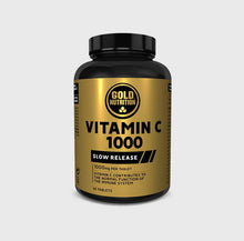 Frasco de Vitamin C 1000 Gold Nutrition – suplemento de vitamina C de libertação prolongada para fortalecer o sistema imunitário e reduzir o cansaço.