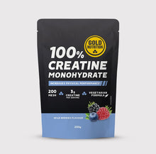Creatine Monohydrate GoldNutrition 200 g sabor frutos silvestres – creatina monoidrato pura em pó, fórmula vegetariana para força e desempenho físico.