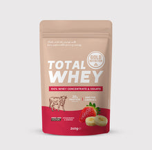 Total Whey Morango-Banana Gold Nutrition 260g pó solúvel proteína whey com enzimas digestivas
