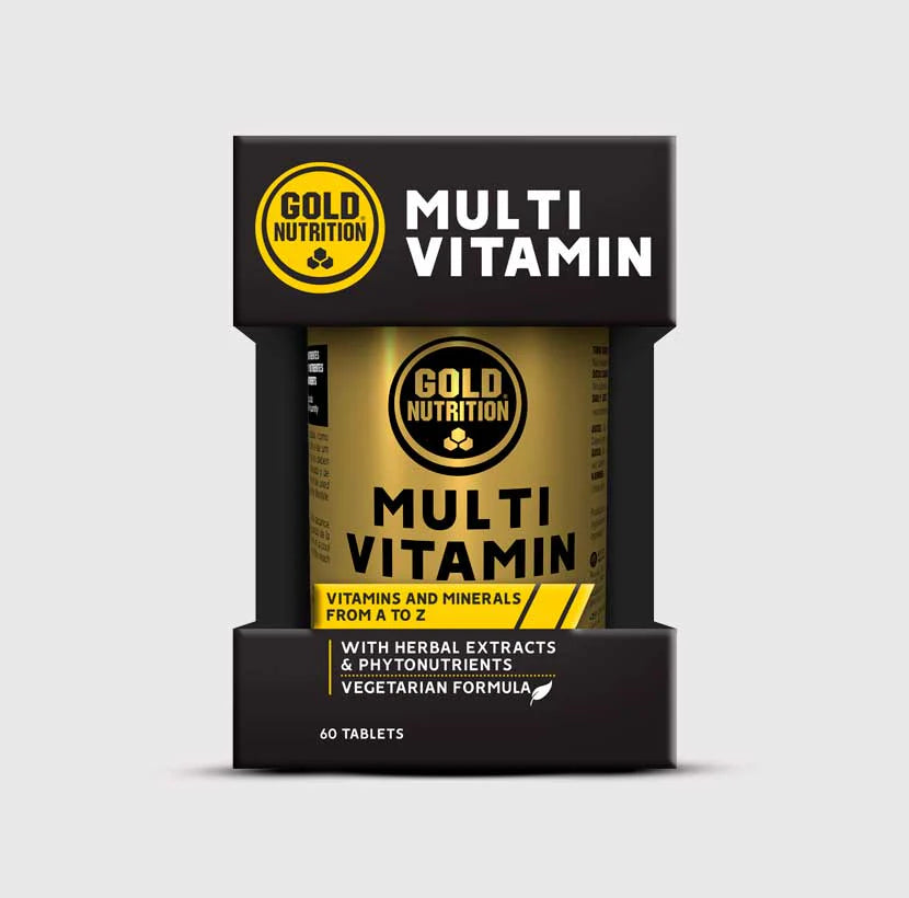 Embalagem Multivitamin GoldNutrition com caixa preta e dourada, frasco dourado visível e indicação de 60 comprimidos.