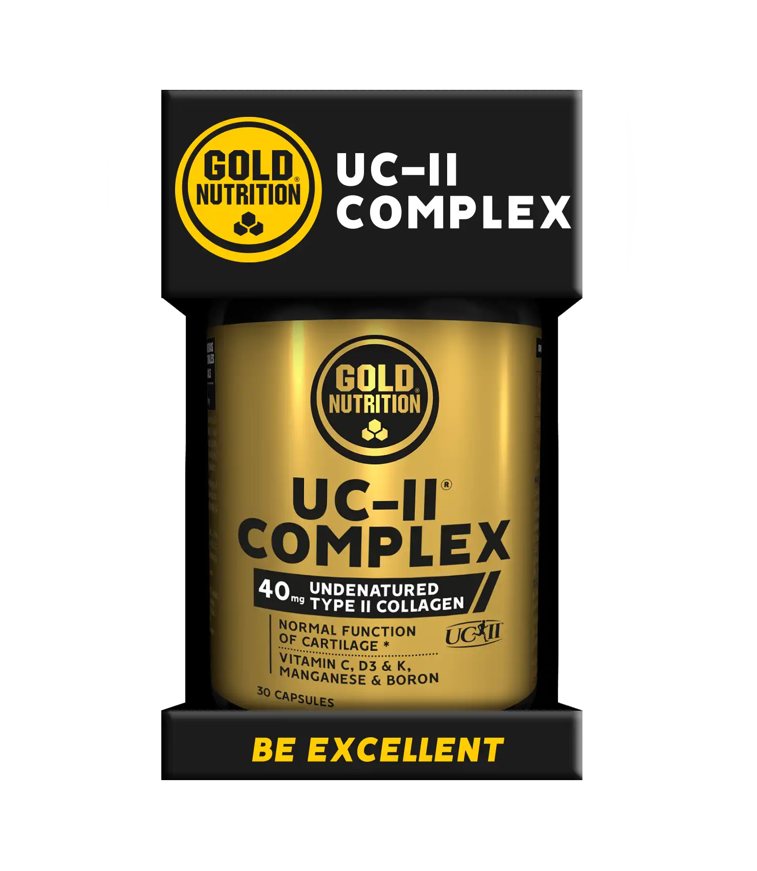 Frasco dourado e preto de UC-II Complex GoldNutrition, com 30 cápsulas e colagénio tipo II não desnaturado.