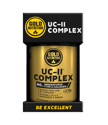 Frasco dourado e preto de UC-II Complex GoldNutrition, com 30 cápsulas e colagénio tipo II não desnaturado.