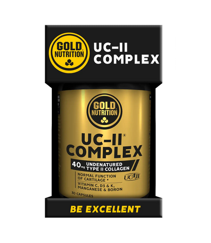 Frasco dourado e preto de UC-II Complex GoldNutrition, com 30 cápsulas e colagénio tipo II não desnaturado.