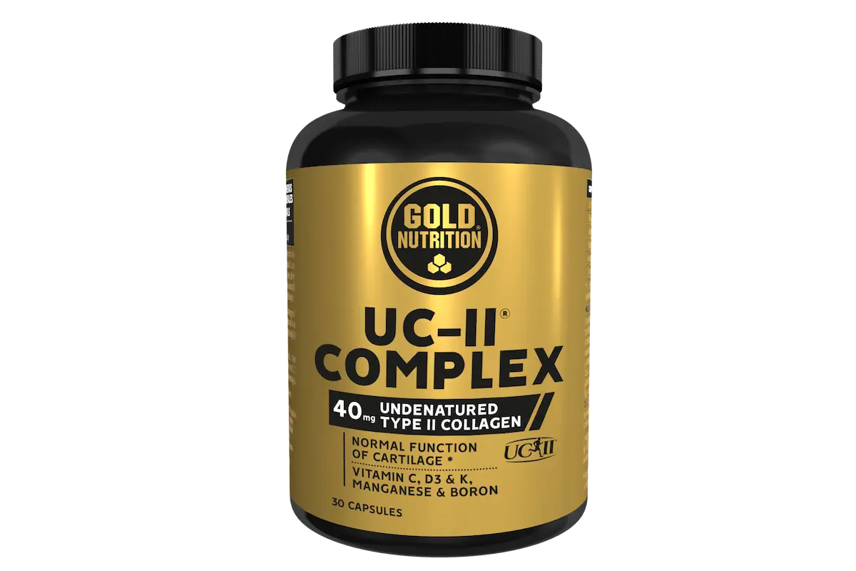 Frasco dourado e preto de UC-II Complex GoldNutrition, com 30 cápsulas e colagénio tipo II não desnaturado.