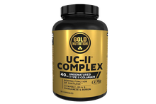 Frasco dourado e preto de UC-II Complex GoldNutrition, com 30 cápsulas e colagénio tipo II não desnaturado.