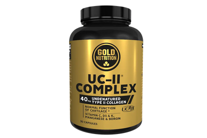 Frasco dourado e preto de UC-II Complex GoldNutrition, com 30 cápsulas e colagénio tipo II não desnaturado.