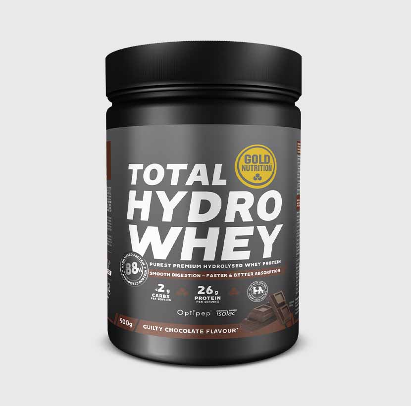 Total Hydro Whey Chocolate Gold Nutrition 900g proteína whey hidrolisada premium em pó para recuperação muscular.