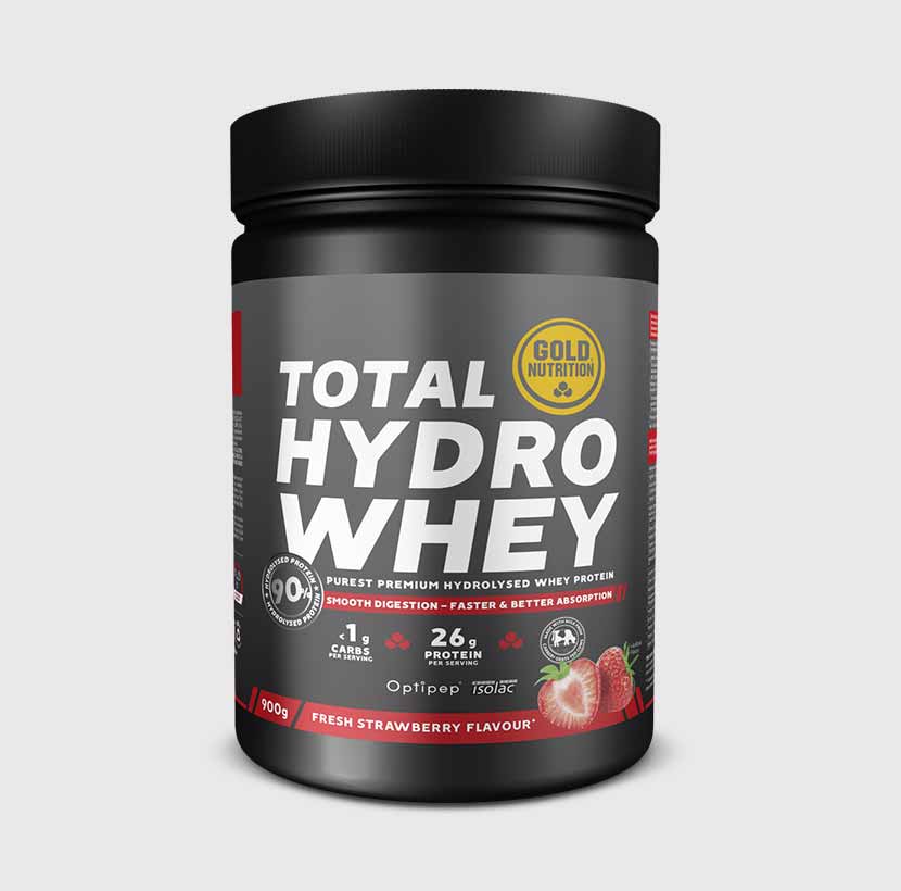 Total Hydro Whey Morango Gold Nutrition 900g proteína whey hidrolisada premium em pó para recuperação muscular.