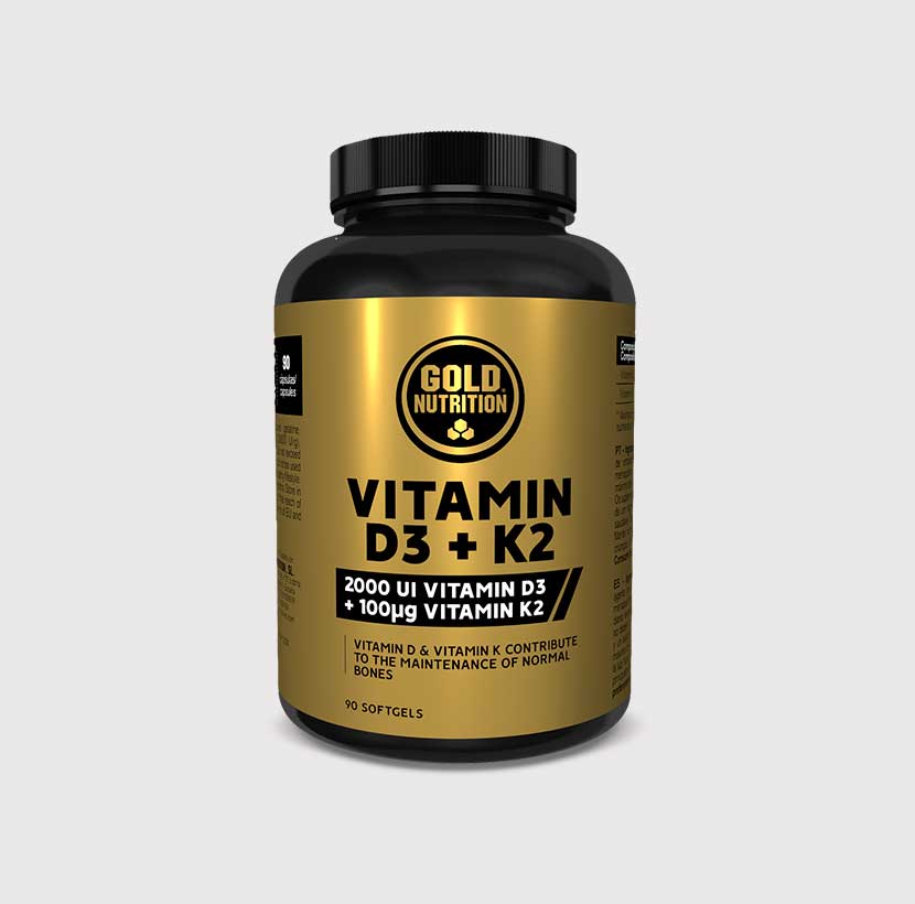 Frasco de Vitamin D3 + K2 Gold Nutrition – suplemento com 2000 UI de vitamina D3 e 100 µg de K2, que apoia o sistema imunitário, os ossos e o coração.