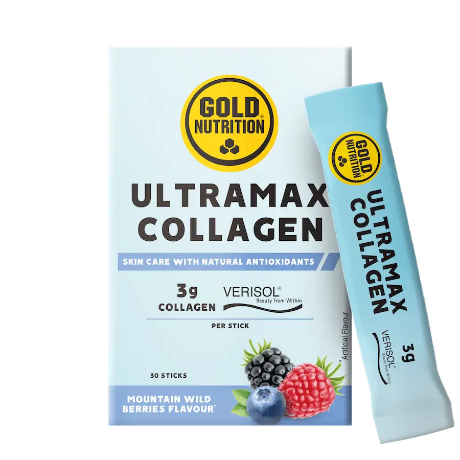 Embalagem de Ultramax Collagen GoldNutrition com 30 sticks sabor frutos do bosque e stick individual azul.
