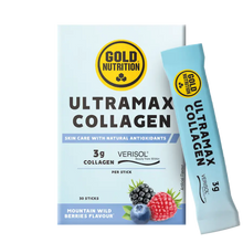 Embalagem de Ultramax Collagen GoldNutrition com 30 sticks sabor frutos do bosque e stick individual azul.
