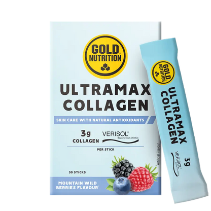 Embalagem de Ultramax Collagen GoldNutrition com 30 sticks sabor frutos do bosque e stick individual azul.