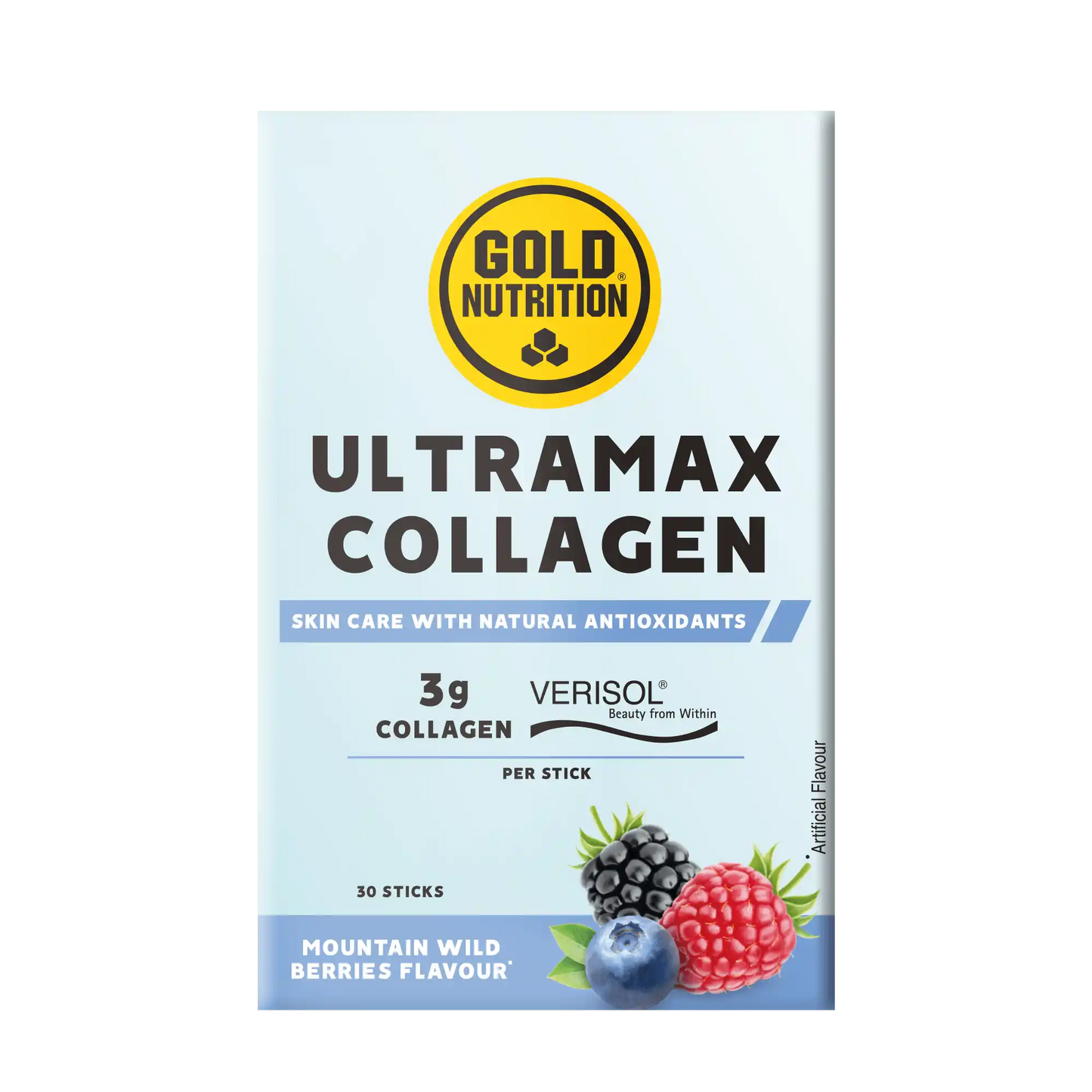 Embalagem de Ultramax Collagen GoldNutrition com 30 sticks sabor frutos do bosque e stick individual azul.