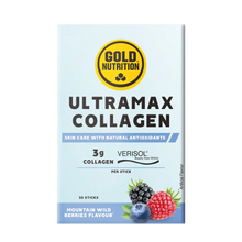 Embalagem de Ultramax Collagen GoldNutrition com 30 sticks sabor frutos do bosque e stick individual azul.