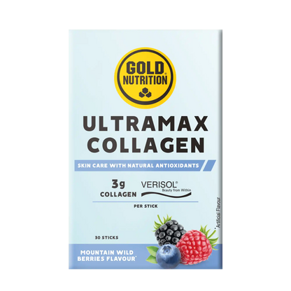 Embalagem de Ultramax Collagen GoldNutrition com 30 sticks sabor frutos do bosque e stick individual azul.