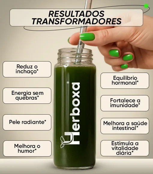 Super Greens Herboxa bebida verde preparada, suplemento com probióticos e superalimentos para apoio digestivo, energia e equilíbrio intestinal.