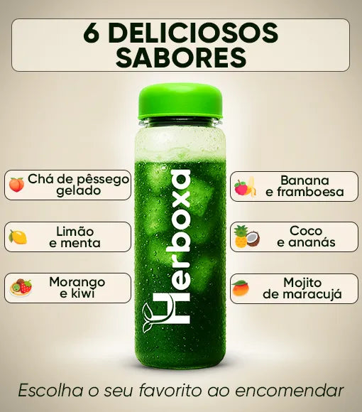 Super Greens Herboxa disponível em seis sabores frutados: chá de pêssego gelado, limão e menta, morango e kiwi, banana e framboesa, coco e ananás e mojito de maracujá.