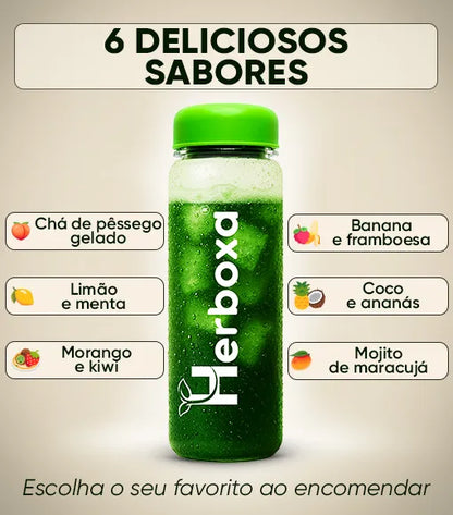 Super Greens Herboxa disponível em seis sabores frutados: chá de pêssego gelado, limão e menta, morango e kiwi, banana e framboesa, coco e ananás e mojito de maracujá.