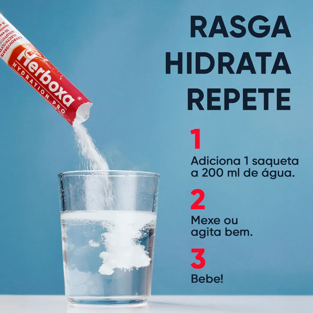 Como preparar Herboxa Hydration Pro adicionar 1 saqueta a 200 ml de água misturar e beber