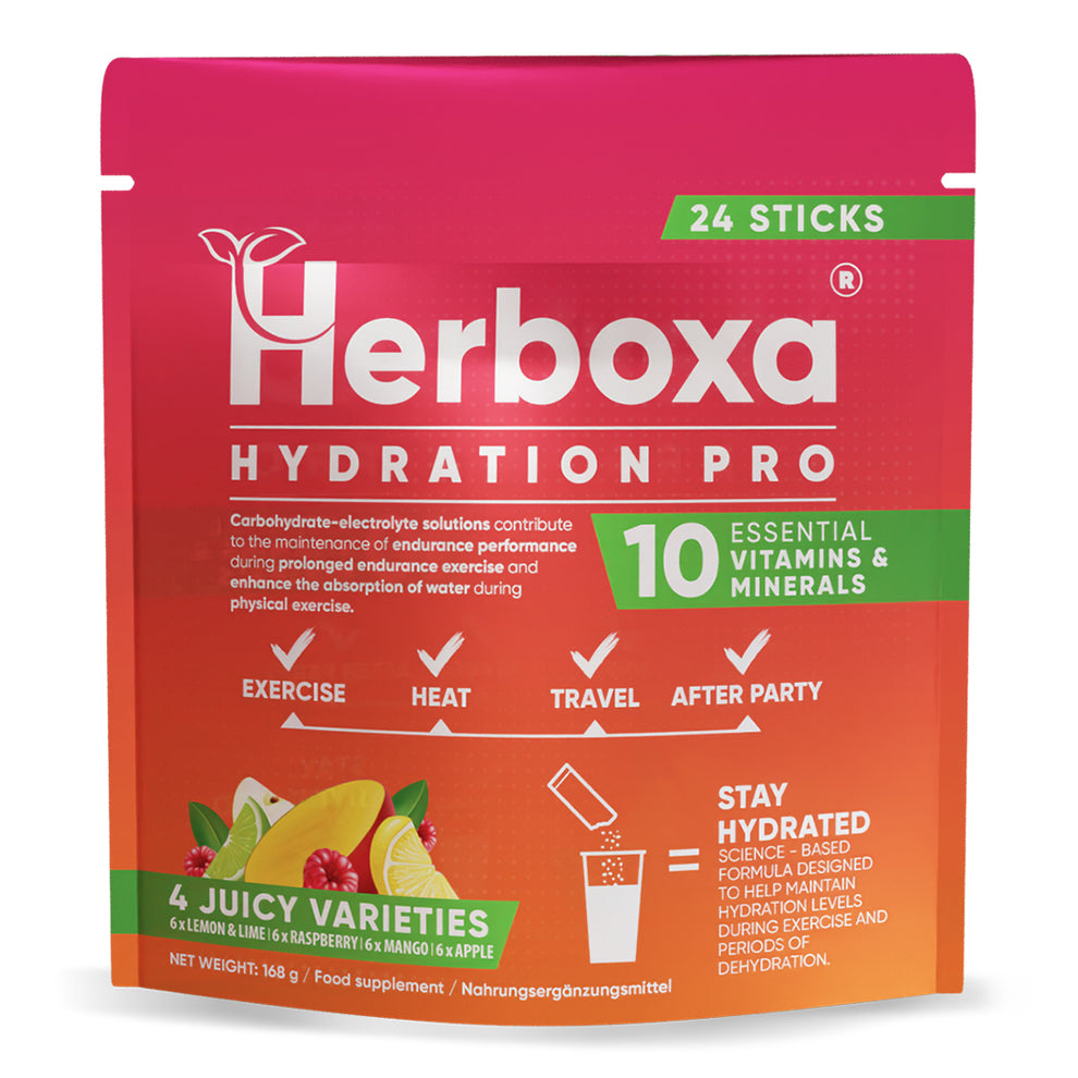 Herboxa Hydration Pro 24 sticks bebida de eletrólitos com 10 vitaminas e minerais essenciais para hidratação rápida