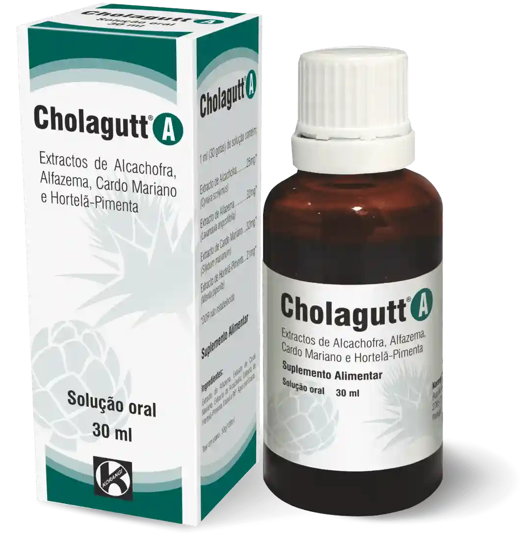 Embalagem e frasco de Cholagutt A solução oral 30 ml – suplemento alimentar à base de extratos vegetais para apoio da digestão, azia ocasional e função hepato-biliar.