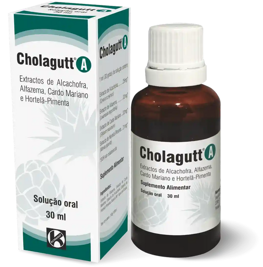 Embalagem e frasco de Cholagutt A solução oral 30 ml – suplemento alimentar à base de extratos vegetais para apoio da digestão, azia ocasional e função hepato-biliar.
