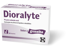 Embalagem de Dioralyte pó para solução oral sabor groselha, 20 saquetas, para reidratação e equilíbrio eletrolítico em diarreia e vómitos.