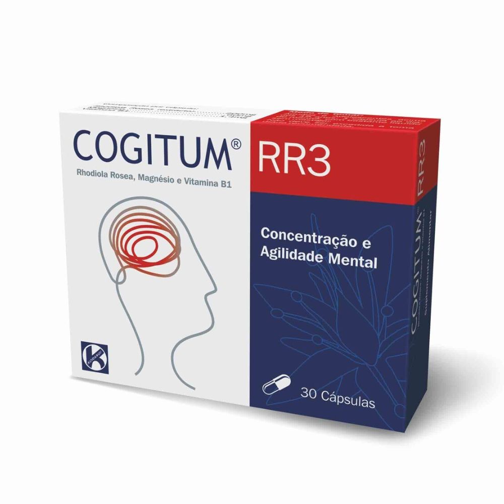 Embalagem de Cogitum RR3 30 cápsulas – suplemento alimentar com Rhodiola rosea, magnésio e vitamina B1 para concentração, stress e agilidade mental.