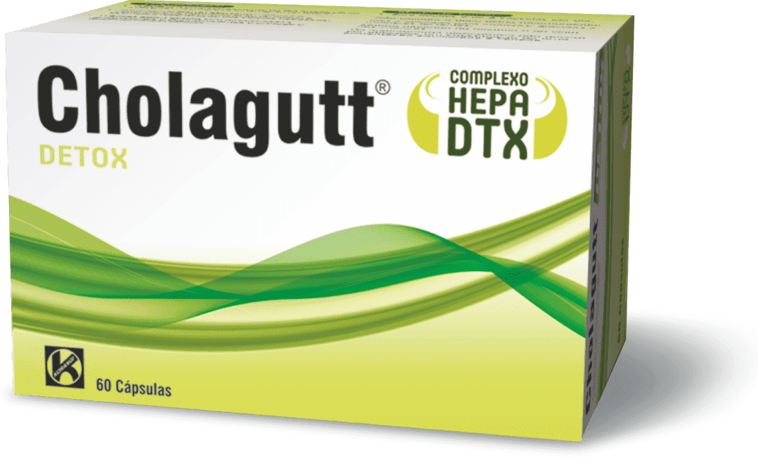 Embalagem de Cholagutt DETOX 60 cápsulas – suplemento alimentar para apoio da desintoxicação do fígado e função hepática.