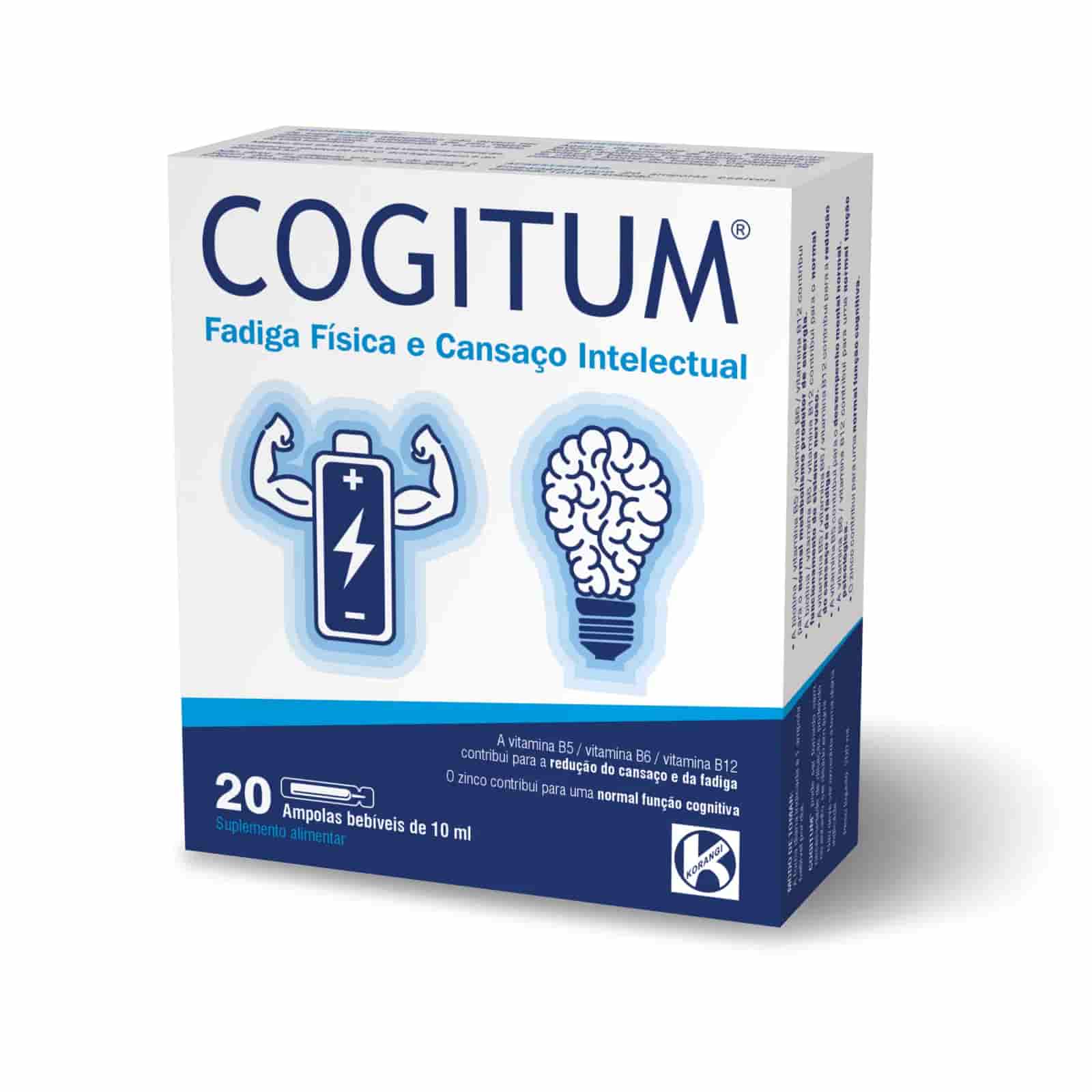 Embalagem de Cogitum com 20 ampolas bebíveis de 10 ml – suplemento alimentar para fadiga física, cansaço intelectual e apoio à função cognitiva.